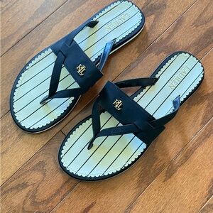Lauren Ralph Lauren Women’s Rosalind Black Thong Sandals‎ w/ Gold Logo - Sz 10B
